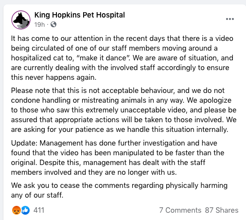 Facebook image of vet clinic’s response to dancing cat video