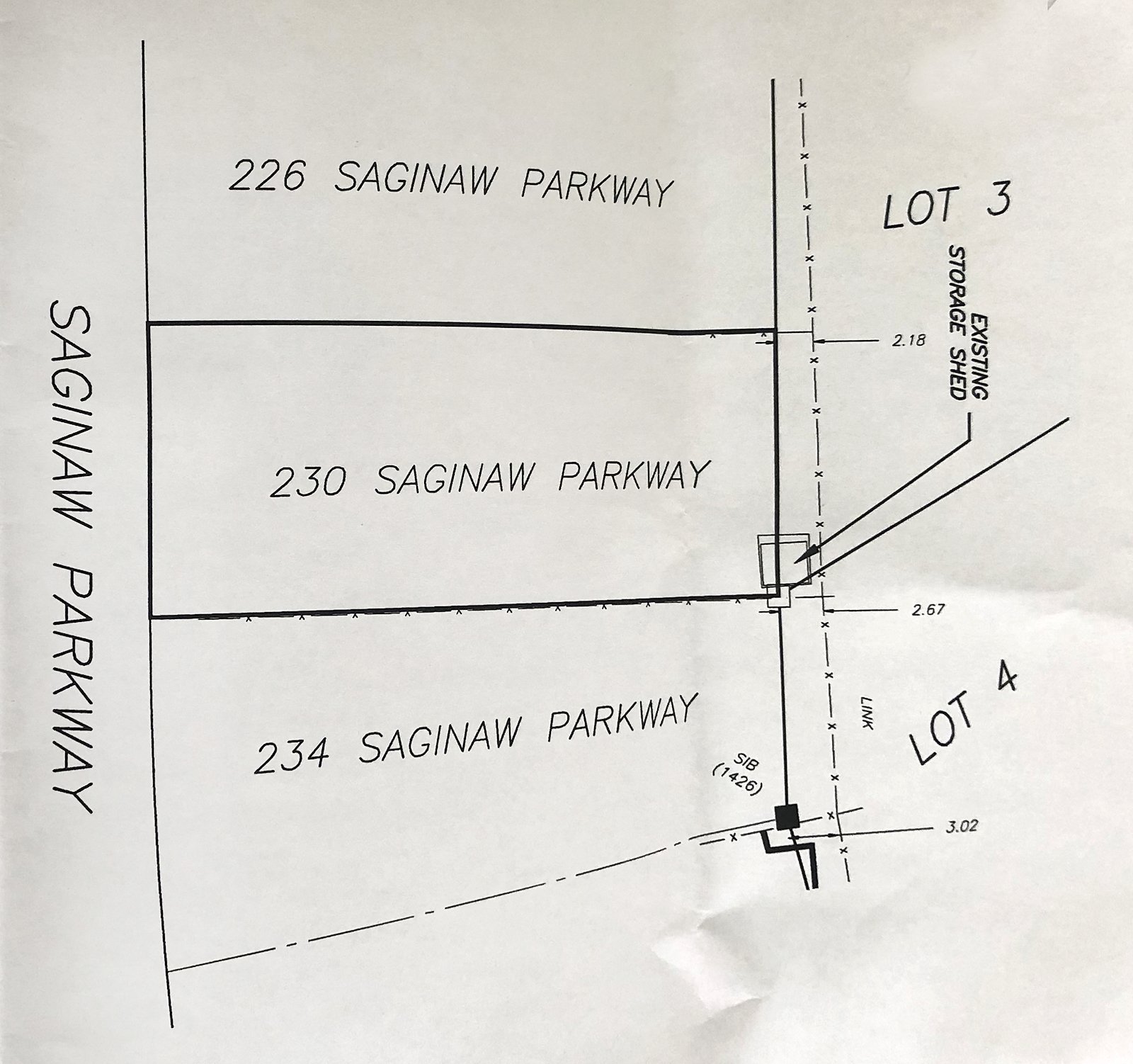 The survey that came with the registered letter to David Clark showing how much his shed goes over the original property line at 230 Saginaw Pkwy.